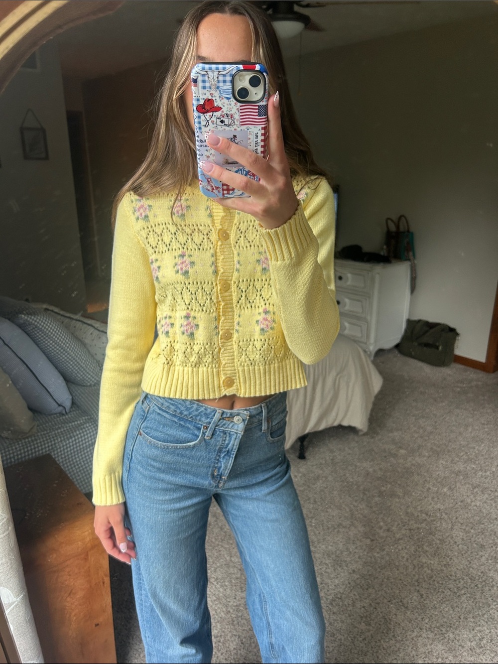 Freshman Pastel Yellow Button-Front Knit Cardigan with Floral Accents